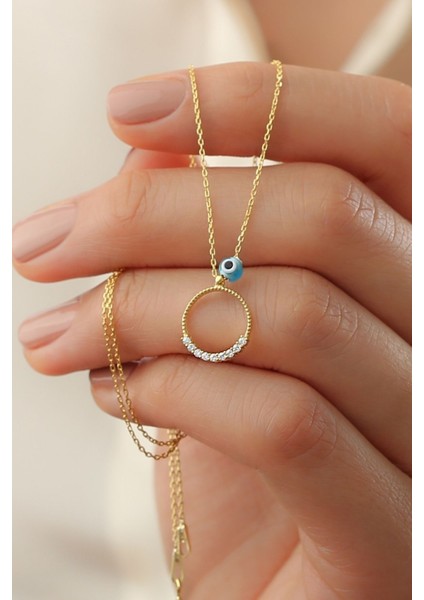 925 Ayar Gold Zirkon Taşlı Nazarlı Halka Gümüş Kolye