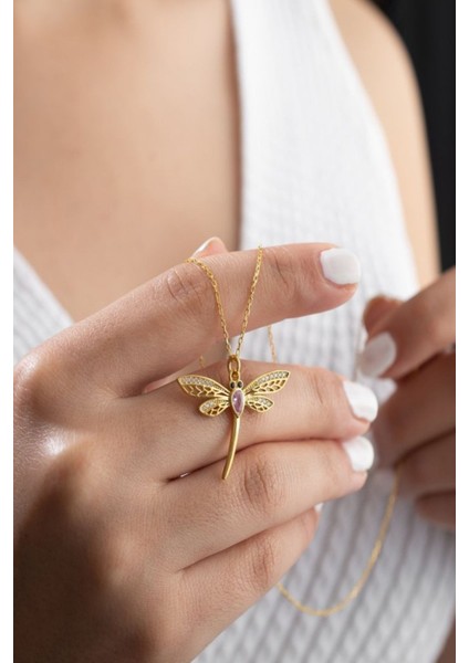 925 Ayar Gold Zirkon Taşlı Yusufçuk Gümüş Kolye