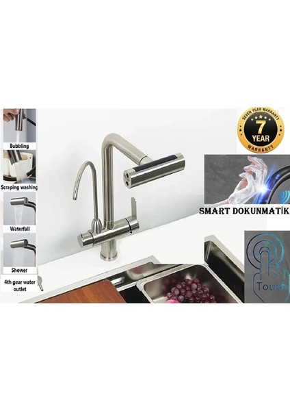 Mutfak Eviye Bataryası Dokunmatik Arıtma Çıkışlı Duş Şelale 3 Fonksiyon Nikel Ithal 7 Yıl Garanti