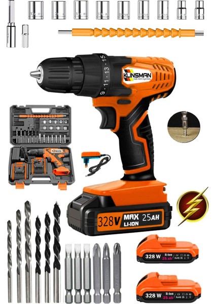 Germany Maxwa Seri 328 W Çelik Şanzuman Bakır Sargılı Çift Akülü Şarjlı Matkap Vidalama 27 Parça Set