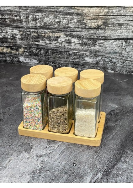 6 Lı Stantlı Bambu Kapaklı Kare Baharatlık Kavanoz Seti Takımı 300ML