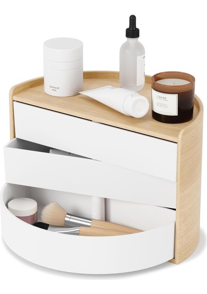 Moona Takı Muhafazası, Makyaj Düzenleyici ve Aksesuar Düzenleyici, Döner Çekmeceli, 3 Katlı, Beyaz/doğal