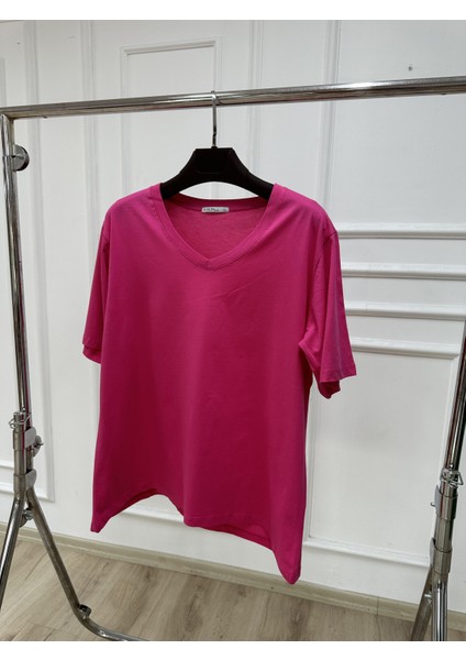 Moda Xlarge Kadın V Yaka Basic Büyük Beden T-Shirt 1297-22