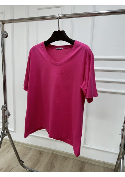 Moda Xlarge Kadın V Yaka Basic Büyük Beden T-Shirt 1297-22