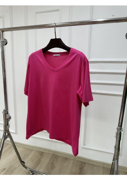 Moda Xlarge Kadın V Yaka Basic Büyük Beden T-Shirt 1297-22