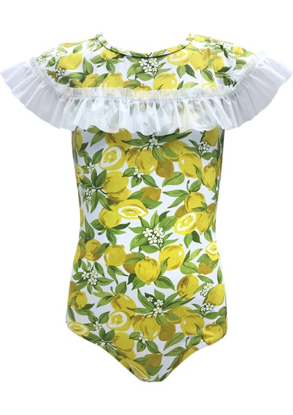 Bisiklet Yaka Tül Fırfırlı Limon Desenli 50UV Kız Çocuk Mayo BY NESSI BYRD