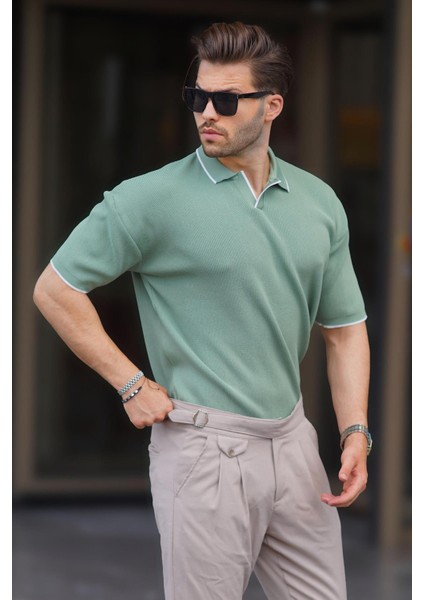 Çağla Yeşili Polo Yaka Kısa Kollu Triko Erkek Tişört 6900