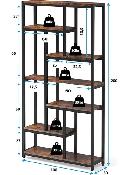 Tolia Home 7 Katlı Metal Kitaplık Aksesuar Rafı Çok Amaçlı Raf