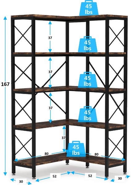 Tolia Home 5 Katlı Metal Iskeletli Köşe Raf Kitaplık Çok Amaçlı Aksesuar Rafı Düzenleyici