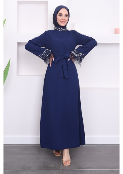 Lacivert Taşlı Kol Tüylü Abiye fiyatları