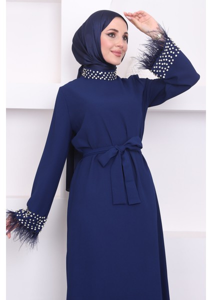 Lacivert Taşlı Kol Tüylü Abiye modelleri