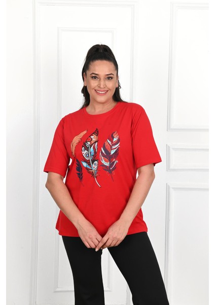 Moda Xlarge Kadın Büyük Beden Tüy Desen Baskılı T-Shirt 1570-23