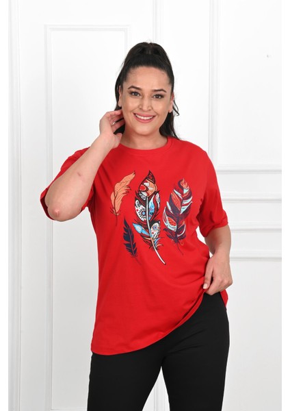 Moda Xlarge Kadın Büyük Beden Tüy Desen Baskılı T-Shirt 1570-23