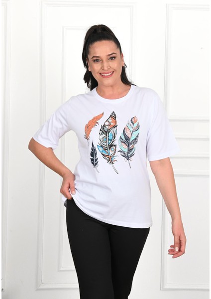 Moda Xlarge Kadın Büyük Beden Tüy Desen Baskılı T-Shirt 1570-23