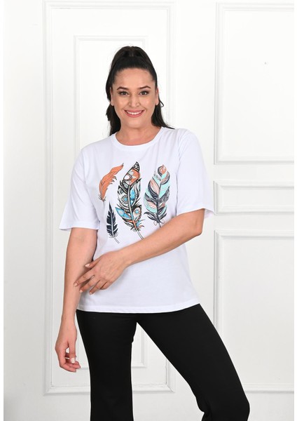 Moda Xlarge Kadın Büyük Beden Tüy Desen Baskılı T-Shirt 1570-23