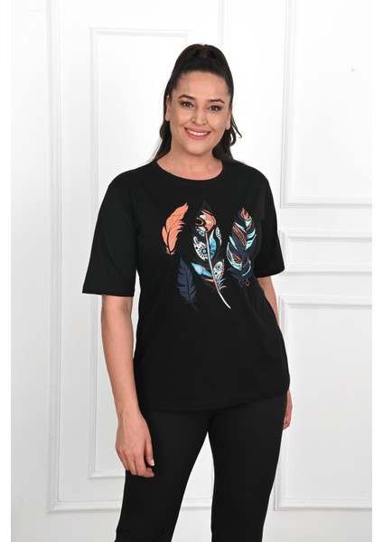 Moda Xlarge Kadın Büyük Beden Tüy Desen Baskılı T-Shirt 1570-23