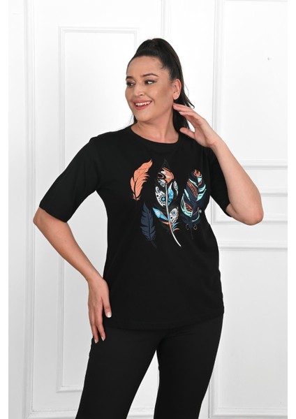 Moda Xlarge Kadın Büyük Beden Tüy Desen Baskılı T-Shirt 1570-23