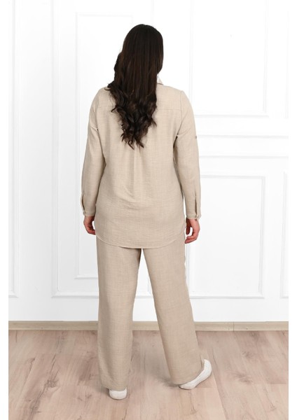 Kadın Büyük Beden Keten Kumaş Palazzo Pantolonlu Büyük Beden Gömlek Takım 3686-23 fiyatları