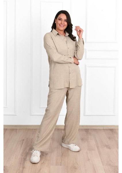 Kadın Büyük Beden Keten Kumaş Palazzo Pantolonlu Büyük Beden Gömlek Takım 3686-23 modelleri