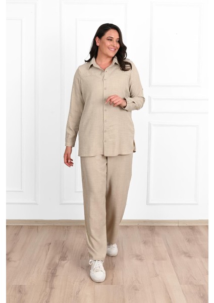 Kadın Büyük Beden Keten Kumaş Palazzo Pantolonlu Büyük Beden Gömlek Takım 3686-23 fırsatları