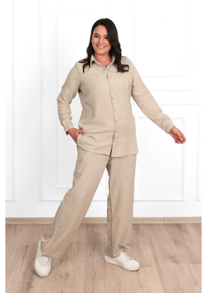 Kadın Büyük Beden Keten Kumaş Palazzo Pantolonlu Büyük Beden Gömlek Takım 3686-23 indirimleri