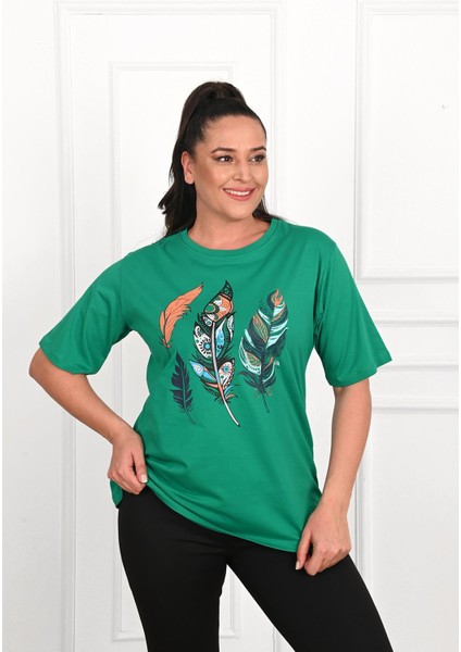 Moda Xlarge Kadın Büyük Beden Tüy Desen Baskılı T-Shirt 1570-23