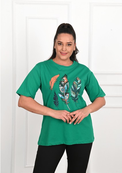 Moda Xlarge Kadın Büyük Beden Tüy Desen Baskılı T-Shirt 1570-23