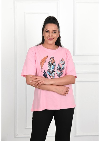 Moda Xlarge Kadın Büyük Beden Tüy Desen Baskılı T-Shirt 1570-23