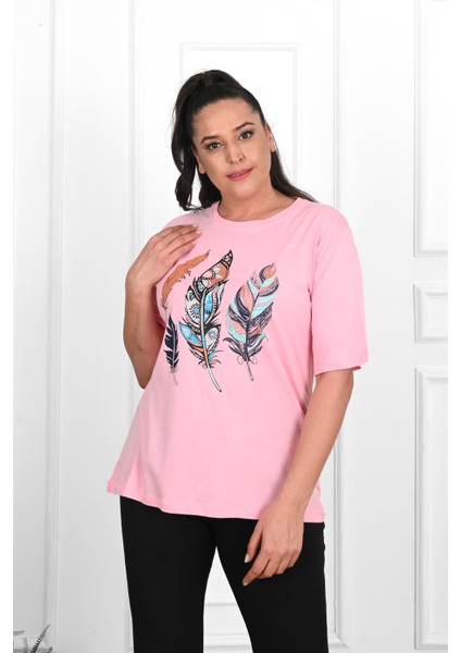 Moda Xlarge Kadın Büyük Beden Tüy Desen Baskılı T-Shirt 1570-23