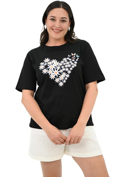 Moda Xlarge Kadın Büyük Beden Kalp Şeklinde Papatya Baskılı T-Shirt 1575-23