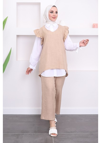 Bej Gömlek Süveter Pantalon Üçlü Takım