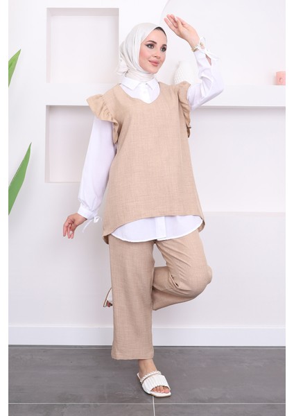 Bej Gömlek Süveter Pantalon Üçlü Takım