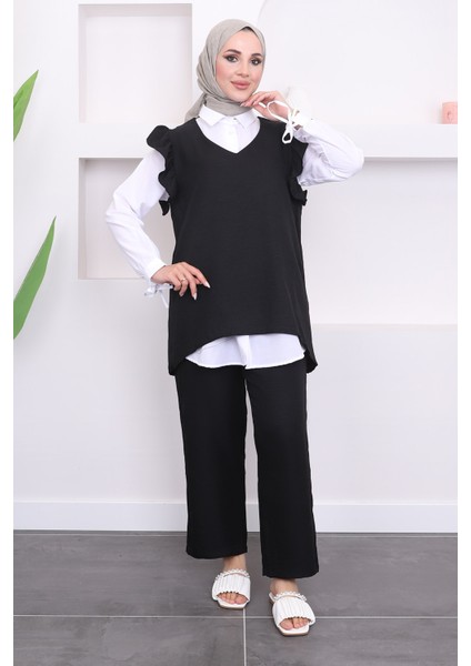 Siyah Gömlek Süveter Pantalon Üçlü Takım