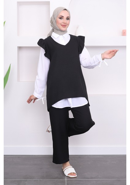 Siyah Gömlek Süveter Pantalon Üçlü Takım modelleri