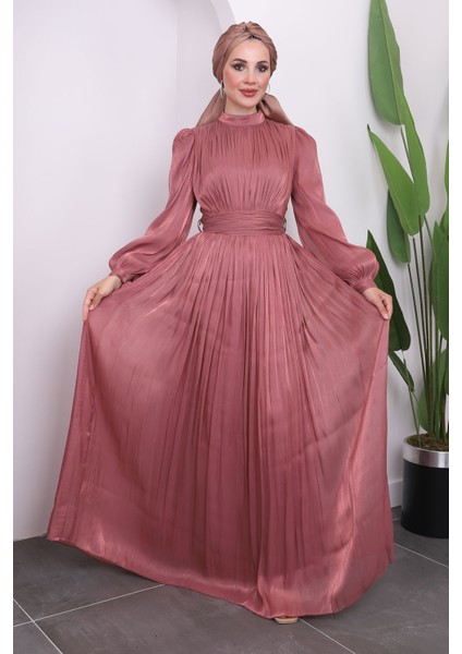 Pudra Kol Bağlamlı Piliseli Tül Abiye