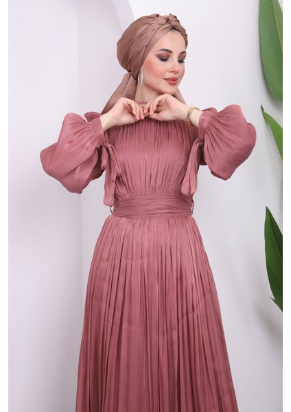 Pudra Kol Bağlamlı Piliseli Tül Abiye modelleri