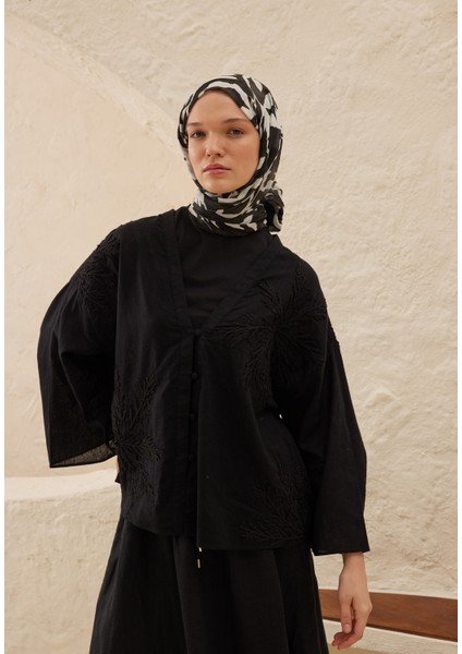 Petunia Desen Rami Şal Siyah