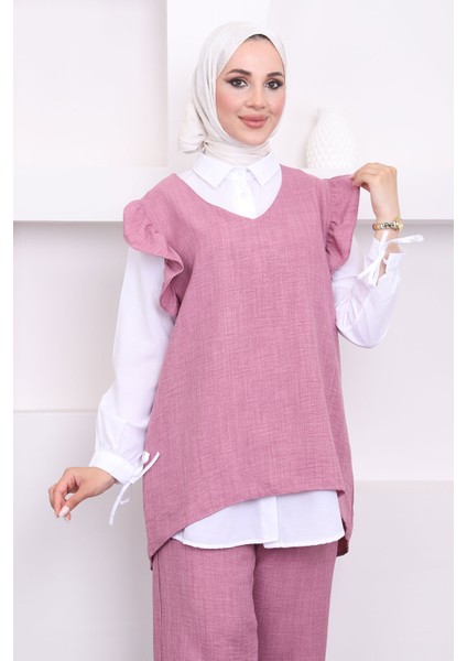 Gül Kurusu Gömlek Süveter Pantalon Üçlü Takım fırsatları