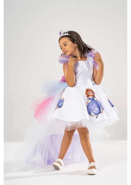 Prenses Sofia Temalı Kız Çocuk Beyaz Doğum Günü Elbisesi ve Parti Kostümü