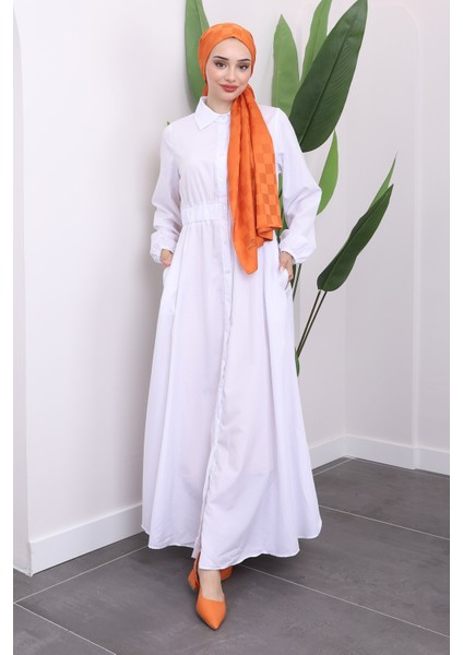 Beyaz Kol Bel Lastikli Elbise