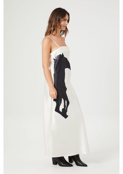 Zishan Saten At Grafikli Maxi Slip Elbise Özel Tasarım Siyah Beyaz Kadın Ryn-004
