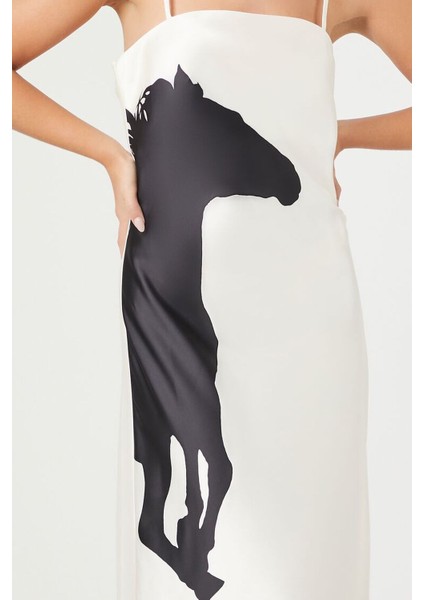 Zishan Saten At Grafikli Maxi Slip Elbise Özel Tasarım Siyah Beyaz Kadın Ryn-004 fırsatları