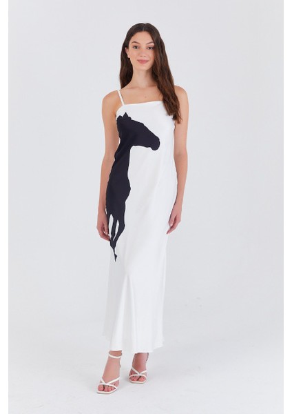 Zishan Saten At Grafikli Maxi Slip Elbise Özel Tasarım Siyah Beyaz Kadın Ryn-004 indirimleri