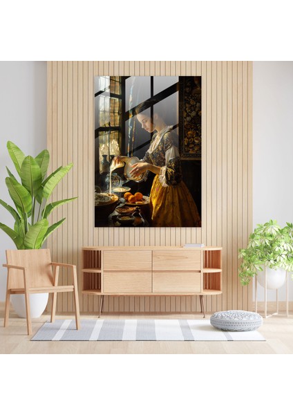 Johannes Vermeer Home Decoration - Woman Pouring Milk - Johannes Vermeer, Wall Decoration, Glass Art, Glass Wall Art, 30X45 fiyatları