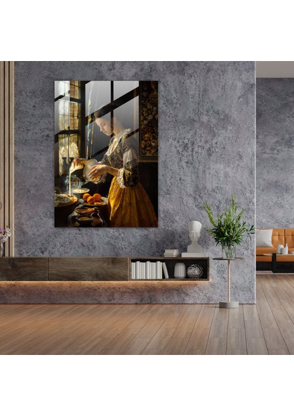 Johannes Vermeer Home Decoration - Woman Pouring Milk - Johannes Vermeer, Wall Decoration, Glass Art, Glass Wall Art, 30X45 modelleri