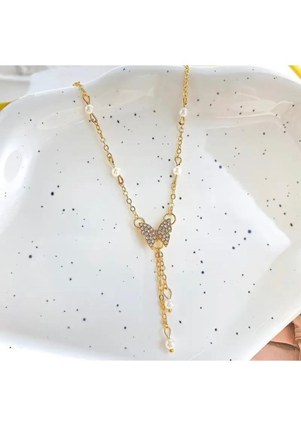 Zarif Stil Yapay Inci Kelebek Kolye 14K Altın Kaplama