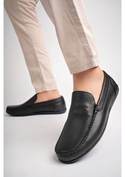 BA04538 Siyah Erkek Düz Baskılı Deri Günlük Ayakkabı - Siyah Deri - 40