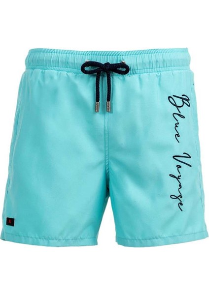 Mint Su Itici Özellikli Blue Voyage Nakışlı Erkek Plaj Deniz Şort Mayo - 303-MINT