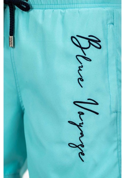 Mint Su Itici Özellikli Blue Voyage Nakışlı Erkek Plaj Deniz Şort Mayo - 303-MINT