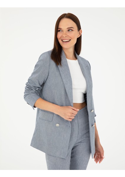Kadın İndigo Slim Fit Keten Karışımlı Ceket 50282104-VR028
